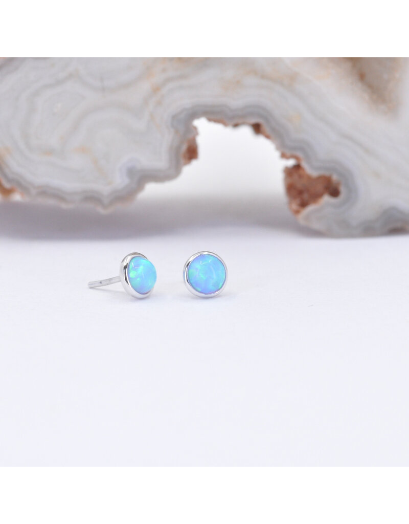 BVLA 3mm Cup with Synthetic Baby Blue Opal Cabochon in 14k White Gold Threadless Ends