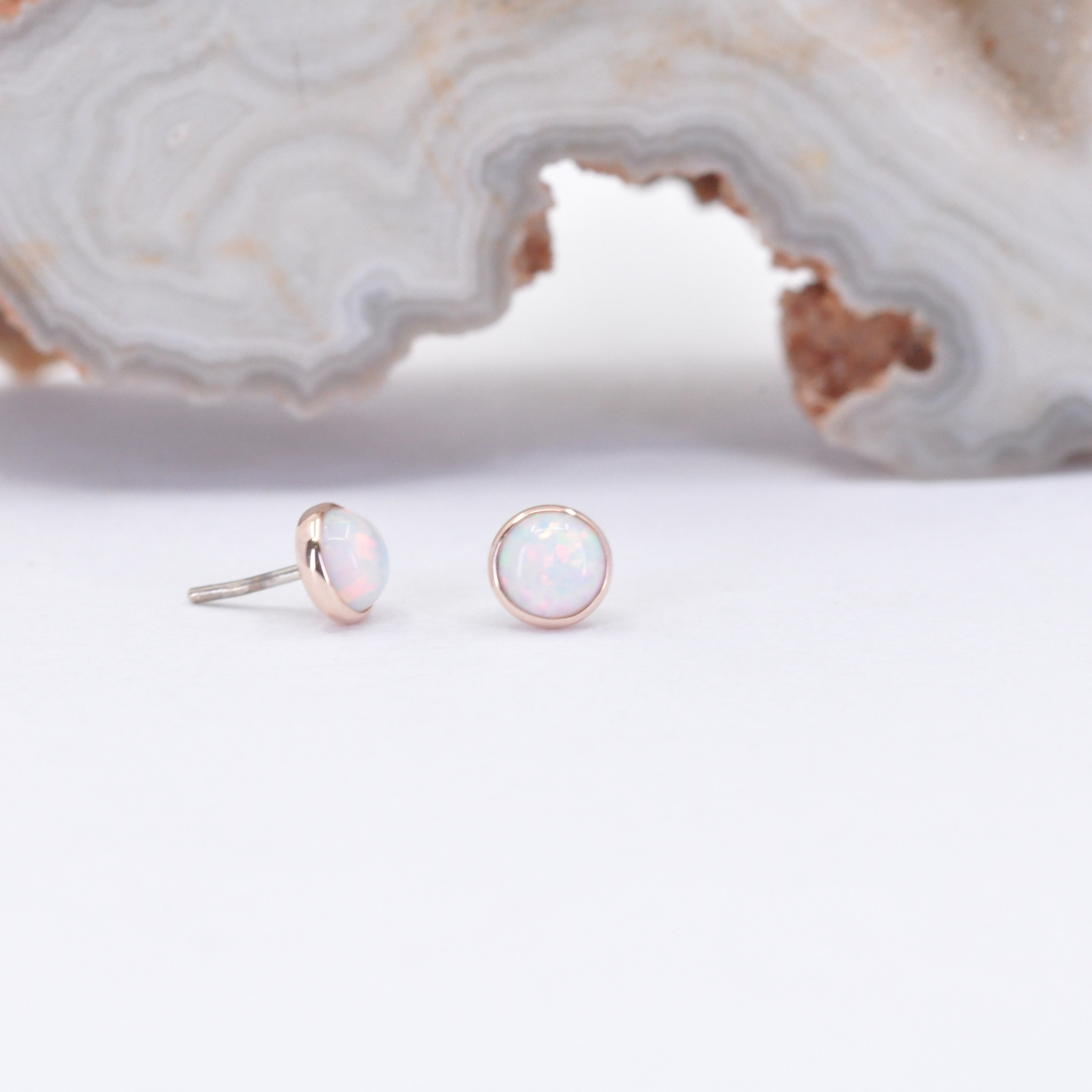 3mm Cup with Synthetic White Opal Cabochon in 14k Rose Gold Threadless