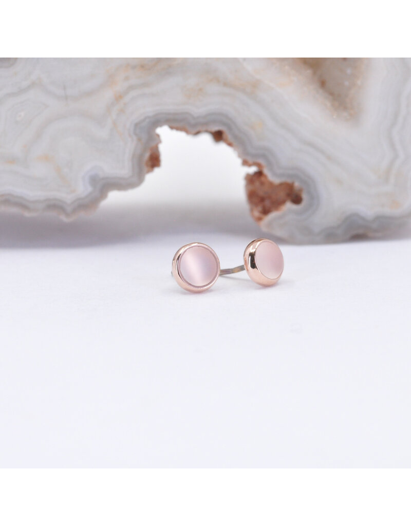 BVLA 3mm Cup with Sandblasted White Moonstone Cabochon in 14k Rose Gold Threadless Ends