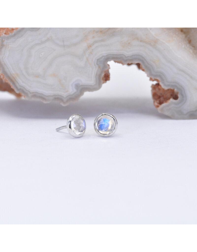 BVLA 3mm Cup with Rose Cut Rainbow Moonstone in 14k White Gold Threadless Ends