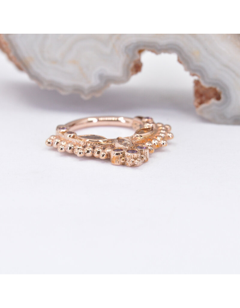BVLA 16g 3/8" Andromeda Clicker Ring with Champagne Sapphires & Rhodolite Garnets in 14k Rose Gold by BVLA!