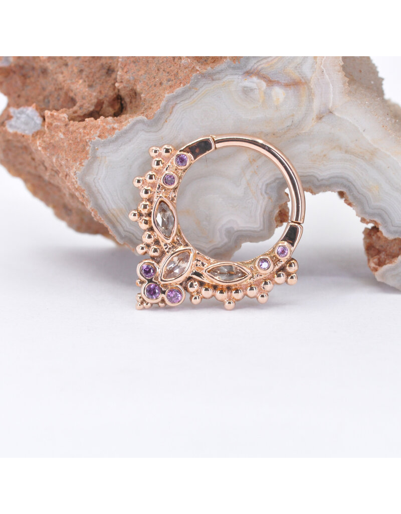 BVLA 16g 3/8" Andromeda Clicker Ring with Champagne Sapphires & Rhodolite Garnets in 14k Rose Gold by BVLA!