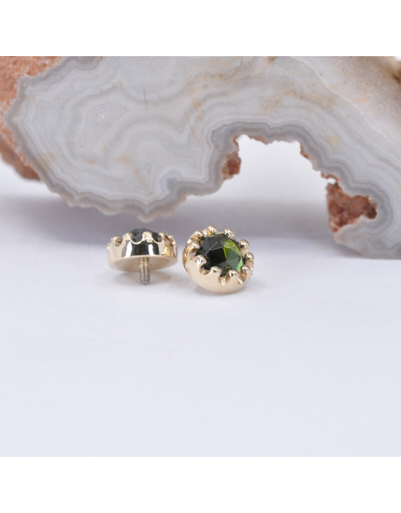 BVLA 6mm Crown Prong with 4mm Rose Cut Green Tourmaline in 14k Yellow Gold 16g Threaded Ends by BVLA!