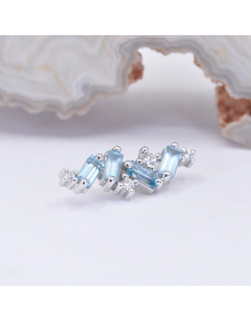 BVLA Genesis 16g Threaded End 14k White Gold Alternating Sandblasted and Polished Swiss Blue Topaz Baguettes and Diamond Accents