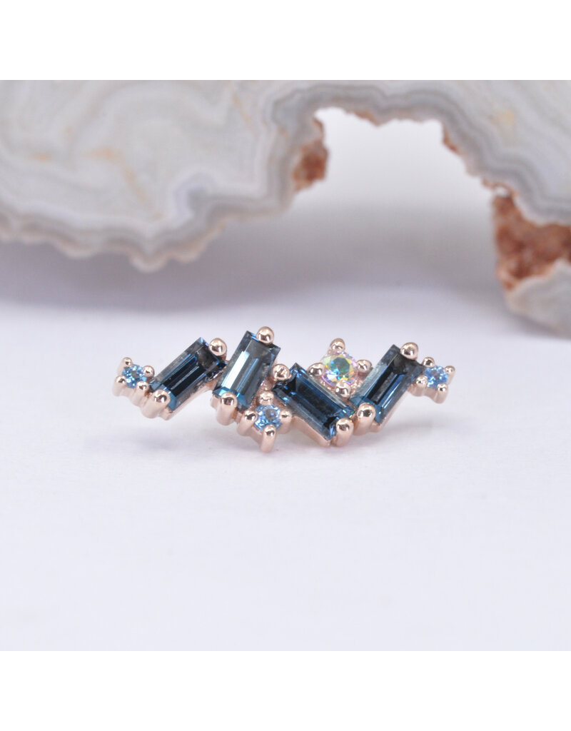BVLA Genesis 16g Threaded End 14k Rose Gold London Blue Topaz AA with Ice Blue Topaz and Mercury Mist Topaz Accents