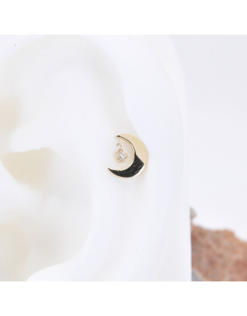 BVLA Arcane Crescent Moon with Genuine VS Diamond in 14k Gold 16g Threaded Ends by BVLA!