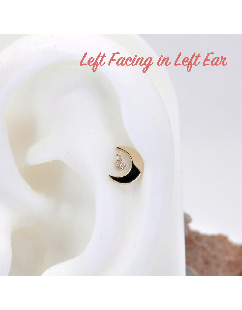 BVLA Arcane Crescent Moon with Genuine VS Diamond in 14k Gold 16g Threaded Ends by BVLA!