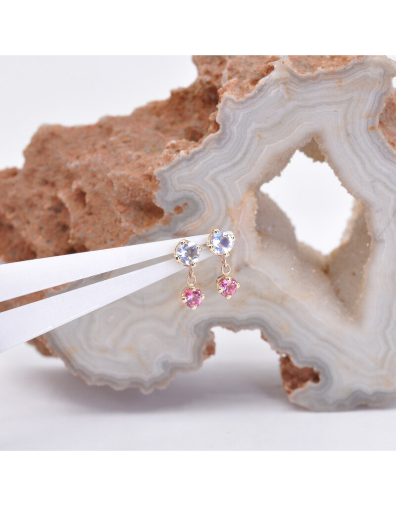 BVLA Duet with Faceted Rainbow Moonstone and Padparadscha Sapphire in 14k Yellow Gold Threadless Ends by BVLA!