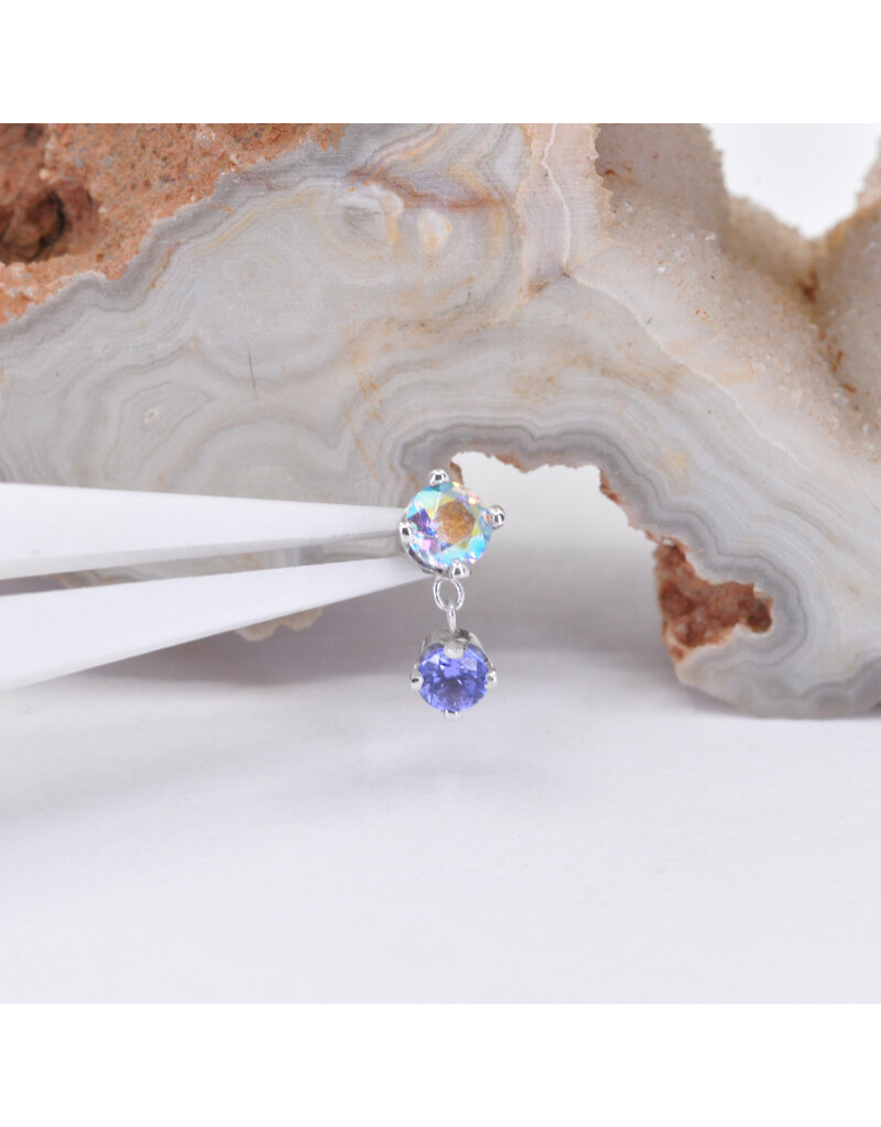 BVLA Duet 4 Prong Dangle Threaded end 14k White Gold  3mm Mercury Mist Topaz and 2.5mm Tanzanite AA