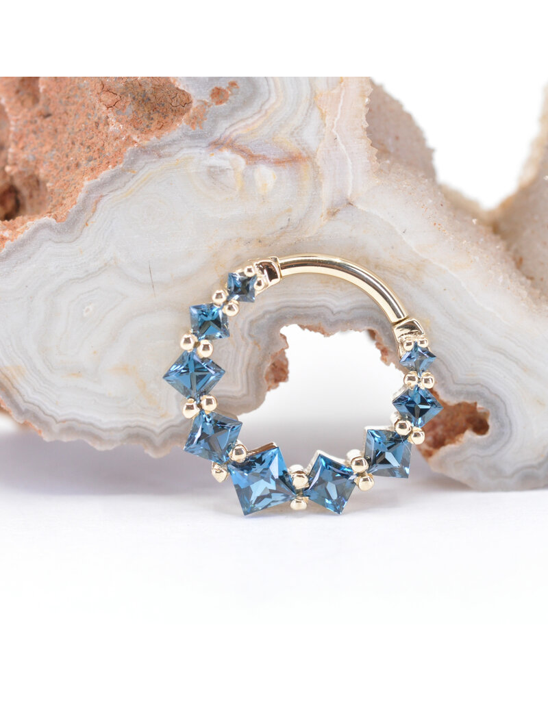 BVLA 16g 3/8" Graduating Tiffany Clicker Ring with London Blue Topaz in 14k Yellow Gold by BVLA