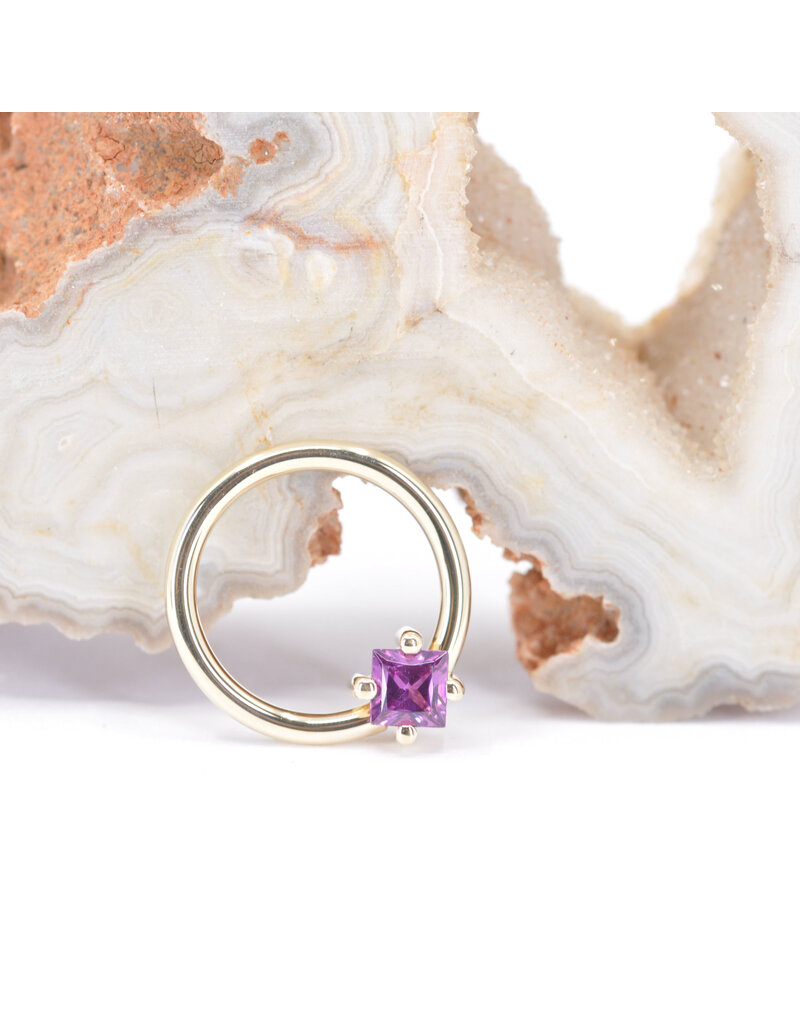 BVLA 16g 3/8" Fixed Prong Ring with 3mm Princess Cut Grade AA Rhodolite Garnet in 14k Yellow Gold