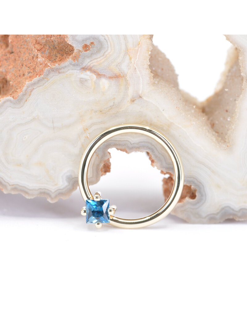 BVLA 16g 7/16" Fixed Prong Ring with 3mm Princess Cut London Blue Topaz in 14k Yellow Gold