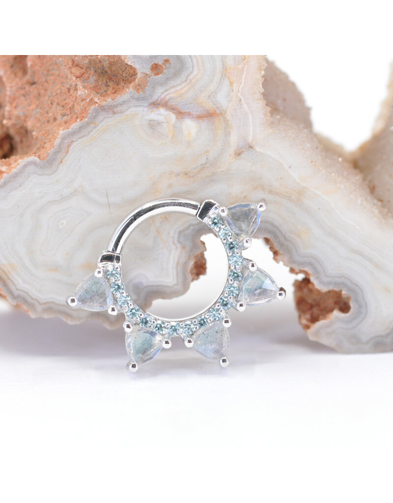 BVLA 16g 5/16" Alpha with Rose Cut Labradorite & Cyan CZ in 14k White Gold Clicker Ring by BVLA!
