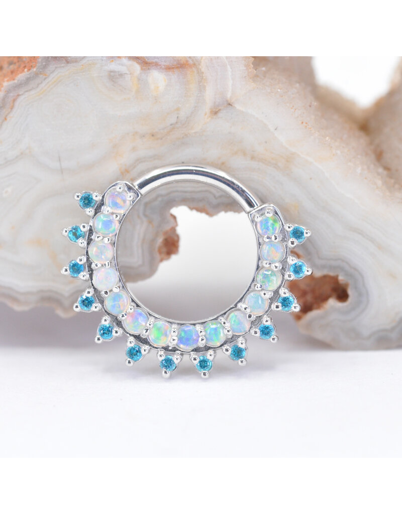 BVLA 16g 11/32" Gem Kolo Clicker Ring with Genuine White Opal & Paraiba Topaz in 14k White Gold by BVLA!