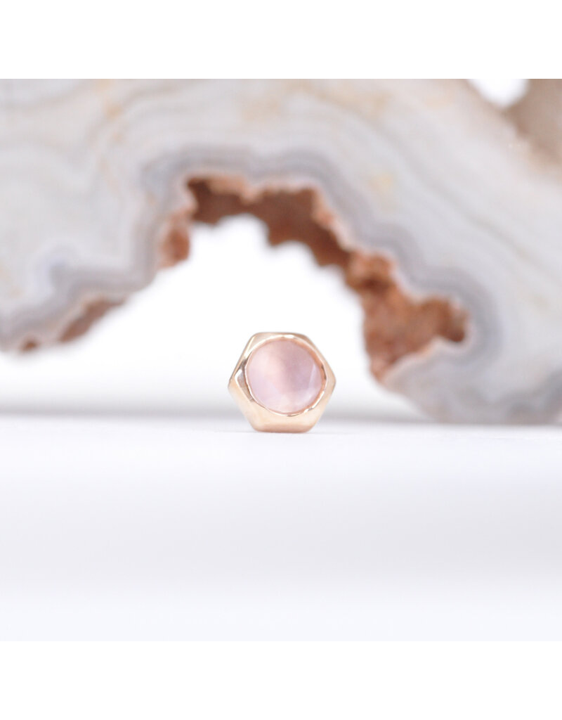 BVLA 4mm Honeycomb with 3mm Sandblasted, Rose Cut Rose Quartz in 14k Rose Gold Threadless Ends