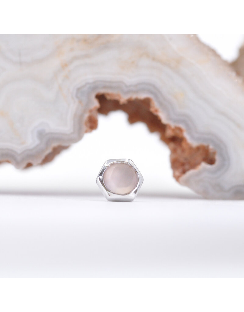 BVLA 4mm Honeycomb with 3mm Sandblasted, Rose Cut Rose Quartz in 14k White Gold Threadless Ends