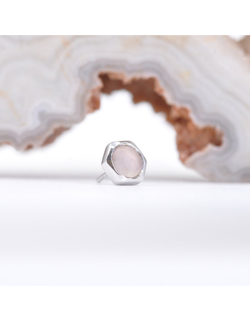 BVLA 4mm Honeycomb with 3mm Sandblasted, Rose Cut Rose Quartz in 14k White Gold Threadless Ends