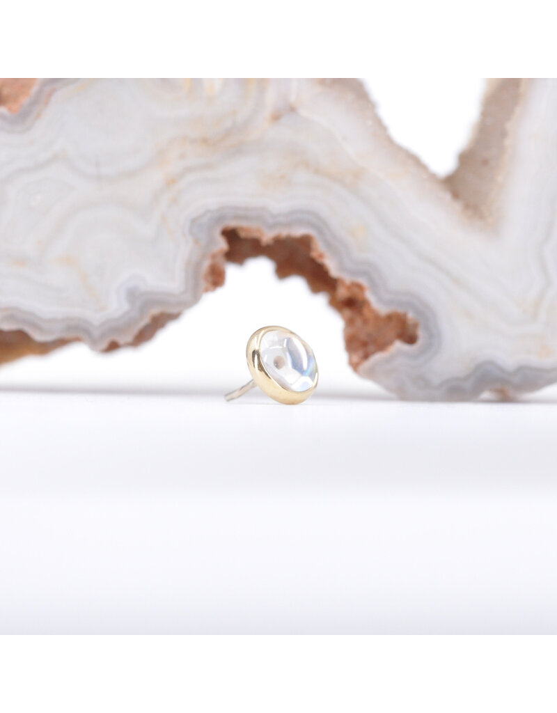 BVLA 4mm Cup with Rainbow Moonstone Cabochon in 14k Yellow Gold Threadless Ends