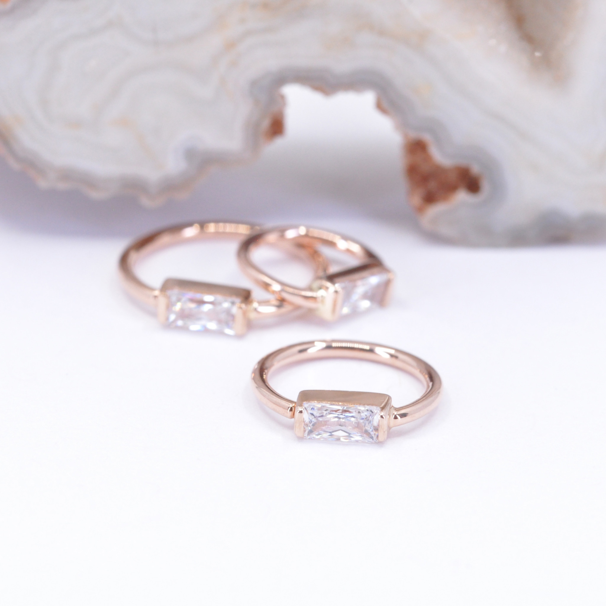 18g Fixed Baguette Seam Rings with 4x2mm CZ in 14k Gold by BVLA 