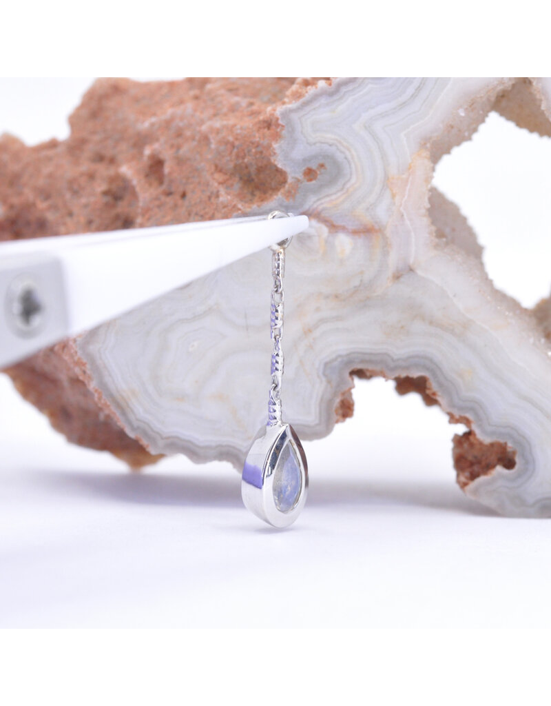 BVLA Teardrop Bezel Charm on 6mm Miranda Chain with 5x3mm Faceted Rainbow Moonstone in 14k White Gold by BVLA