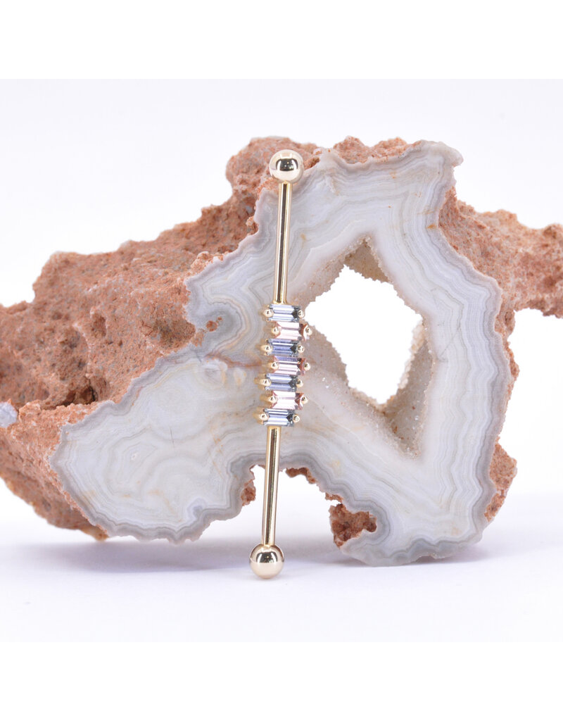 BVLA Small Madison Industrial 16g 1 1/4" with 1/8" balls in 14k Yellow Gold with Grey Sapphire and Champagne Sapphire Baguettes by BVLA!