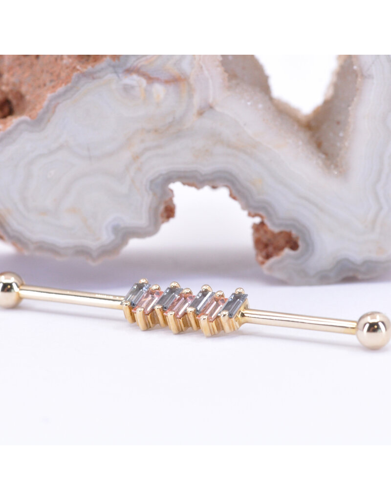BVLA Small Madison Industrial 16g 1 1/4" with 1/8" balls in 14k Yellow Gold with Grey Sapphire and Champagne Sapphire Baguettes by BVLA!