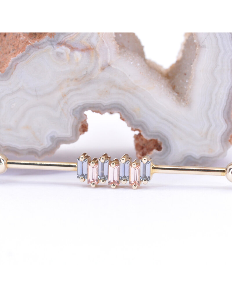 BVLA Small Madison Industrial 16g 1 1/4" with 1/8" balls in 14k Yellow Gold with Grey Sapphire and Champagne Sapphire Baguettes by BVLA!