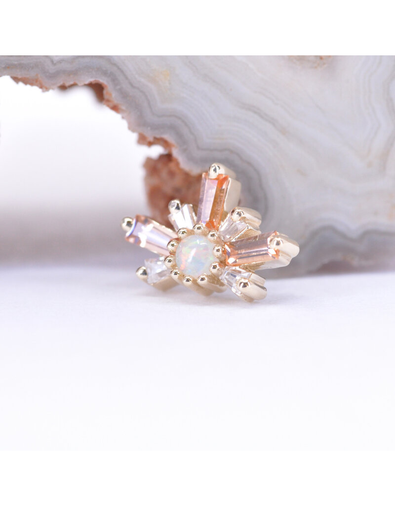 BVLA Half Mini Nova with Champagne Sapphire, CZ and Genuine Grade AAA White Opal in 14k Yellow Gold 16g Threaded End by BVLA!