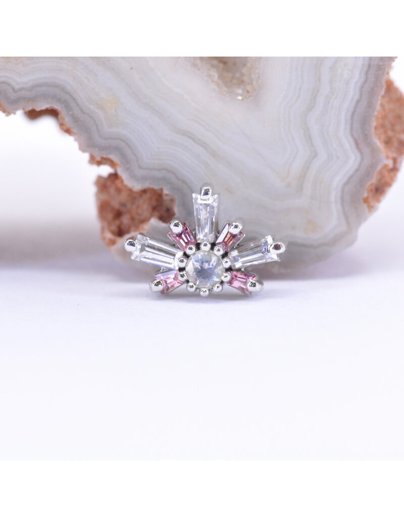 BVLA Half Mini Nova with CZ, Padparadscha Sapphire and Rainbow Moonstone in 14k White Gold 16g Threaded End by BVLA!