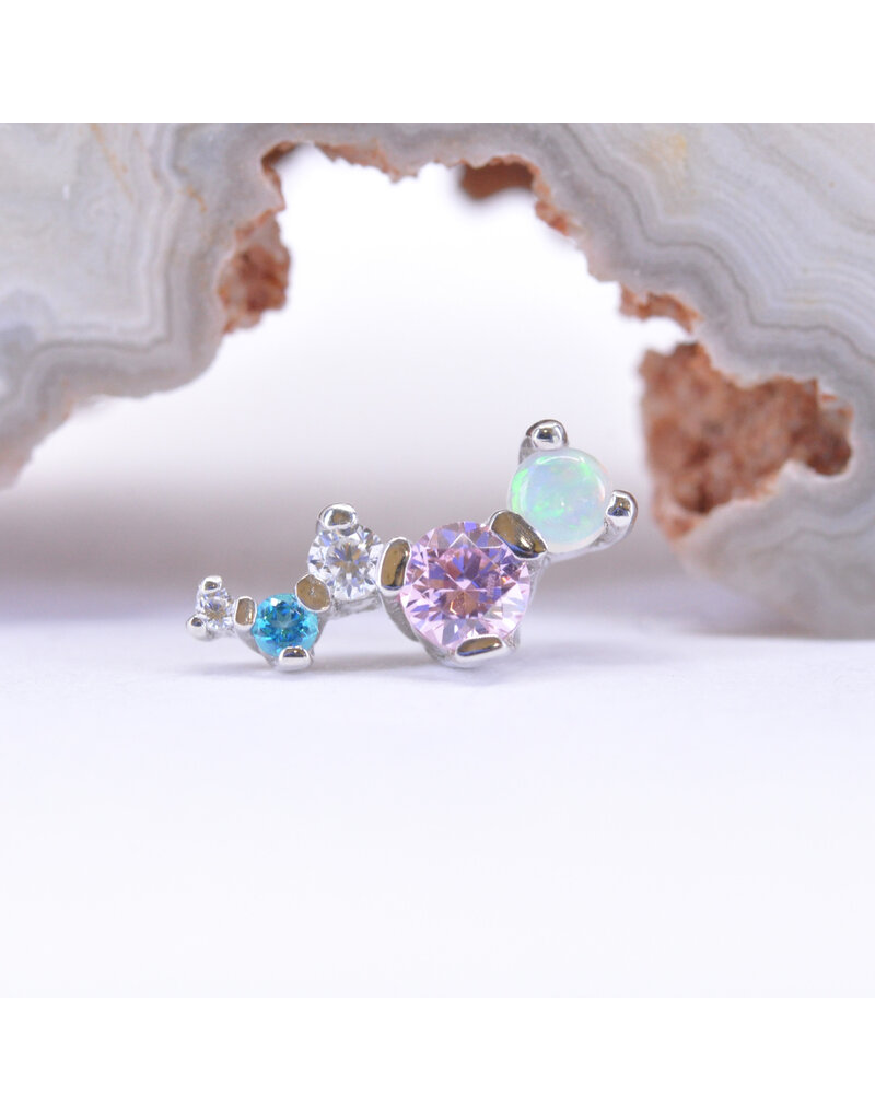 BVLA Left Facing Ripple with Pink CZ, Genuine Grade AAA White Opal, CZ and Paraiba Topaz in 14k White Gold 16g Threaded End by BVLA!