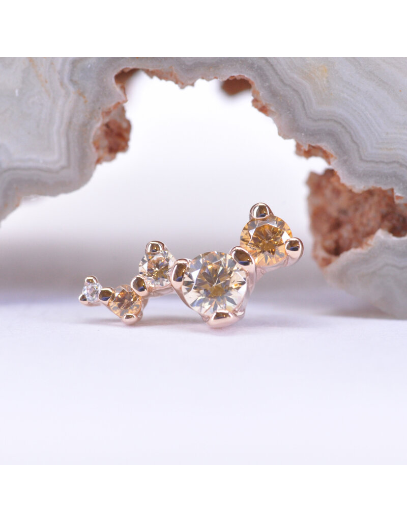 BVLA Left Facing Ripple with Champagne CZ, Amber CZ and CZ in 14k Rose Gold 16g Threaded End by BVLA!