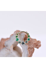 BVLA 16g 3/8" Graduating Tiffany Clicker Ring with Green Tourmaline, Chrome Tsavorite, Emerald, Seafoam Tourmaline, and Grey Sapphire in 14k Yellow Gold by BVLA!
