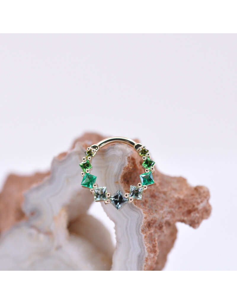 BVLA 16g 3/8" Graduating Tiffany Clicker Ring with Green Tourmaline, Chrome Tsavorite, Emerald, Seafoam Tourmaline, and Grey Sapphire in 14k Yellow Gold by BVLA!