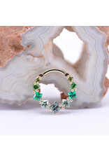 BVLA 16g 3/8" Graduating Tiffany Clicker Ring with Green Tourmaline, Chrome Tsavorite, Emerald, Seafoam Tourmaline, and Grey Sapphire in 14k Yellow Gold by BVLA!