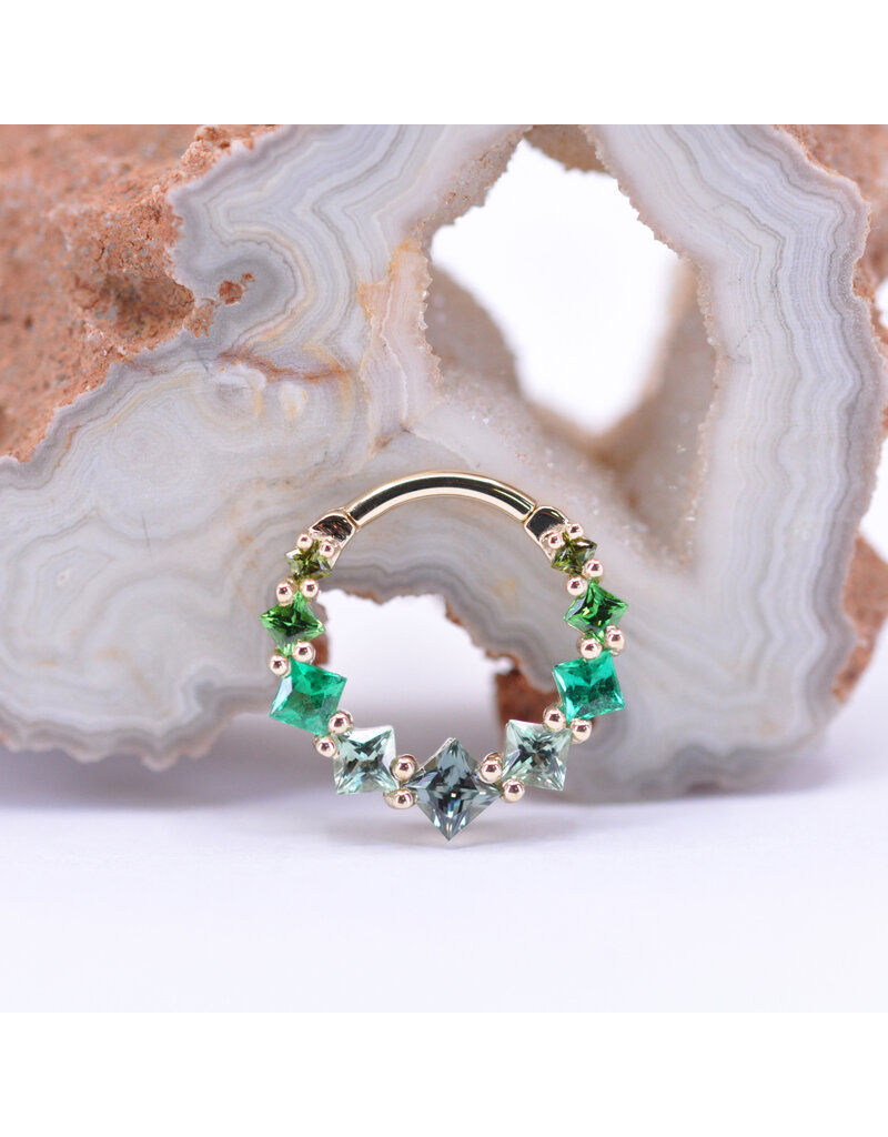 BVLA 16g 3/8" Graduating Tiffany Clicker Ring with Green Tourmaline, Chrome Tsavorite, Emerald, Seafoam Tourmaline, and Grey Sapphire in 14k Yellow Gold by BVLA!