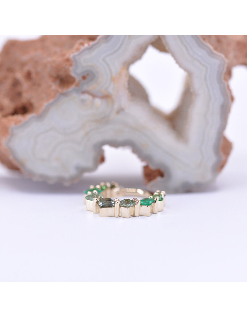 BVLA 16g 3/8" Graduating Tiffany Clicker Ring with Green Tourmaline, Chrome Tsavorite, Emerald, Seafoam Tourmaline, and Grey Sapphire in 14k Yellow Gold by BVLA!
