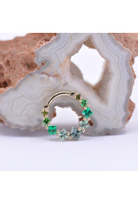BVLA 16g 3/8" Graduating Tiffany Clicker Ring with Green Tourmaline, Chrome Tsavorite, Emerald, Seafoam Tourmaline, and Grey Sapphire in 14k Yellow Gold by BVLA!