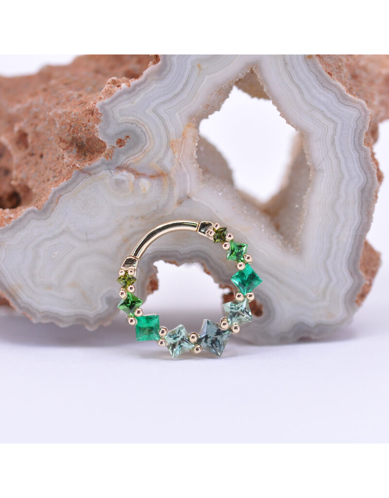 BVLA 16g 3/8" Graduating Tiffany Clicker Ring with Green Tourmaline, Chrome Tsavorite, Emerald, Seafoam Tourmaline, and Grey Sapphire in 14k Yellow Gold by BVLA!