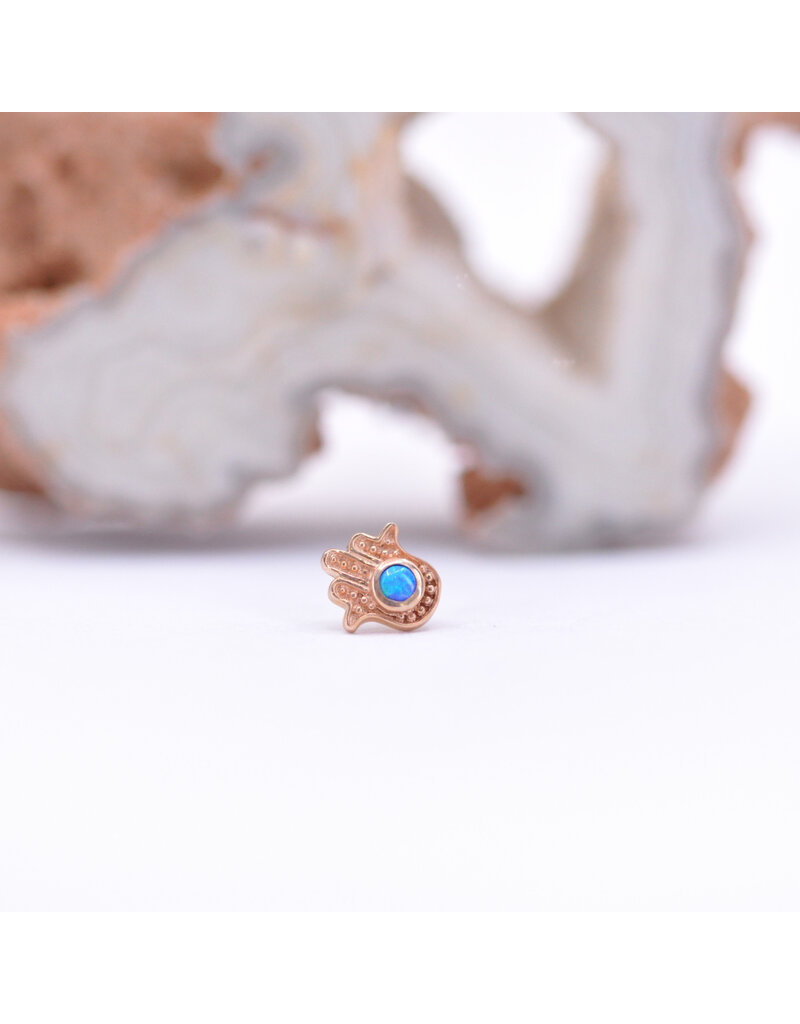 junipurr Blue Hamsa with Blue Opal Cabochon in 14k Rose Gold Threadless End by Junipurr