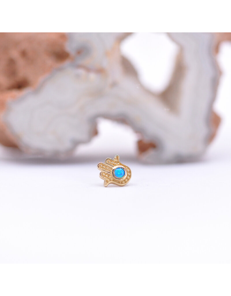 junipurr Blue Hamsa with Blue Opal Cabochon in 14k Yellow Gold Threadless End by Junipurr