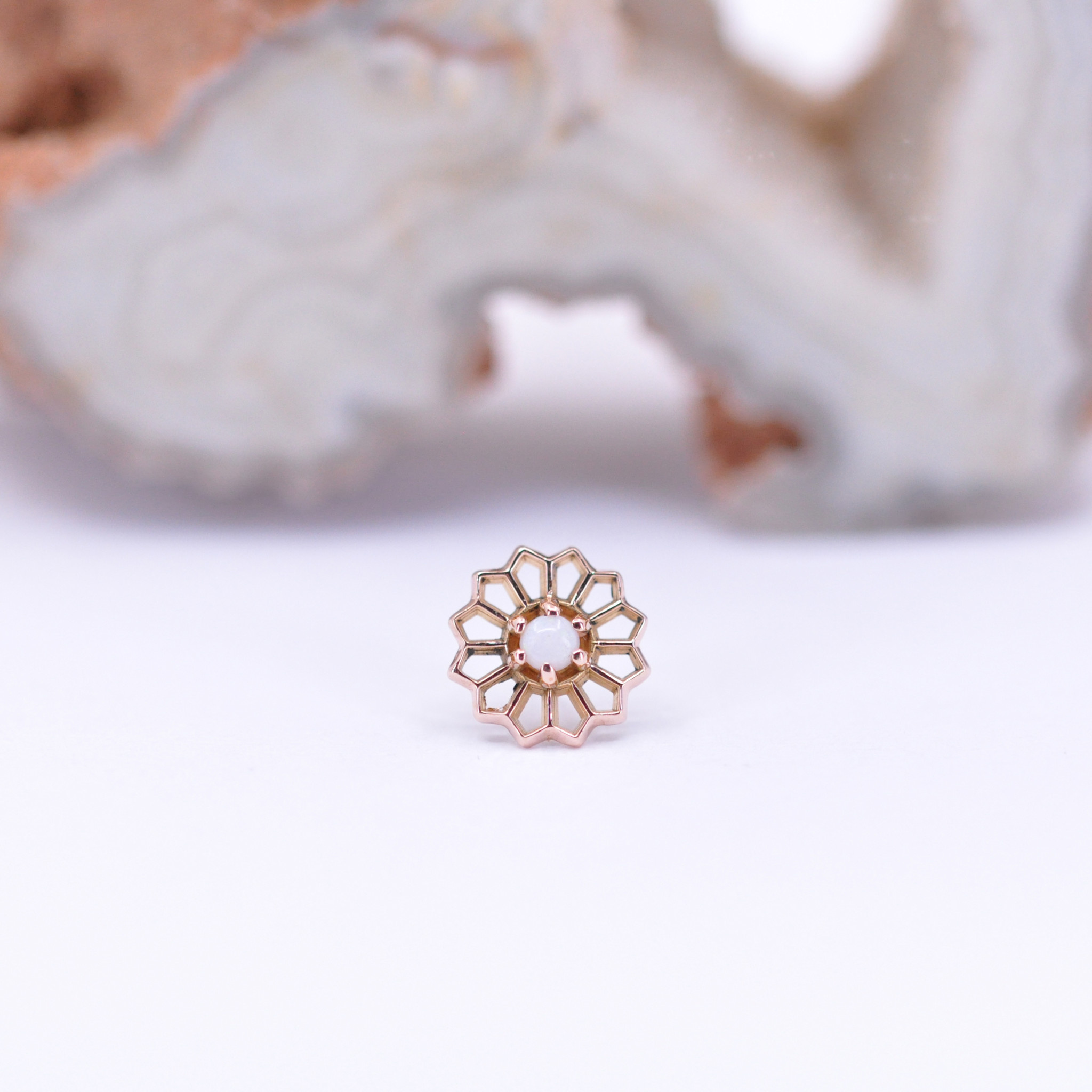 Passion Flower with White Opal in 14k Rose Gold Threadless End by