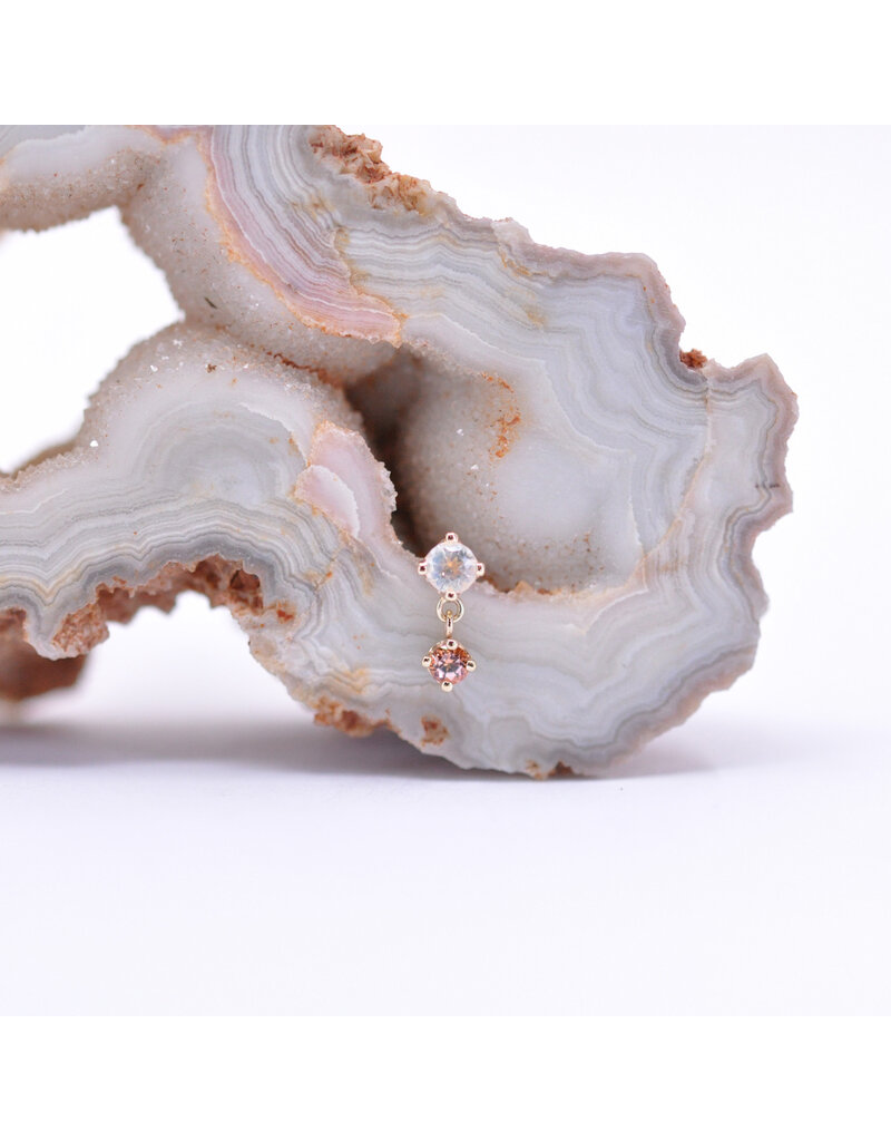BVLA Duet with Faceted Rainbow Moonstone and Peach Topaz in 14k Yellow Gold Threadless Ends by BVLA!