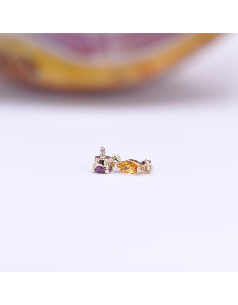 BVLA Wintermoon 3 16g Threaded End 14k Yellow Gold Rhodolite(3mm), Citrine(4x2mm), and Amethyst(1.5mm)