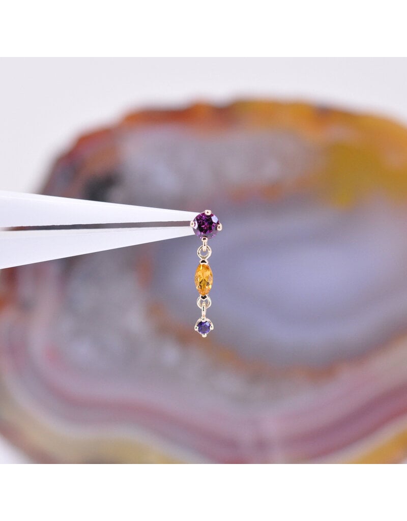 BVLA Wintermoon 3 16g Threaded End 14k Yellow Gold Rhodolite(3mm), Citrine(4x2mm), and Amethyst(1.5mm)
