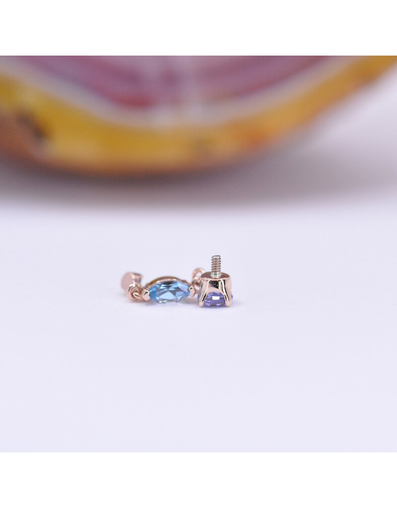 BVLA Wintermoon 3 16g Threaded End 14k Rose Gold Tanzanite(3mm), Swiss Topaz(4x2mm), and Iolite(1.5mm)