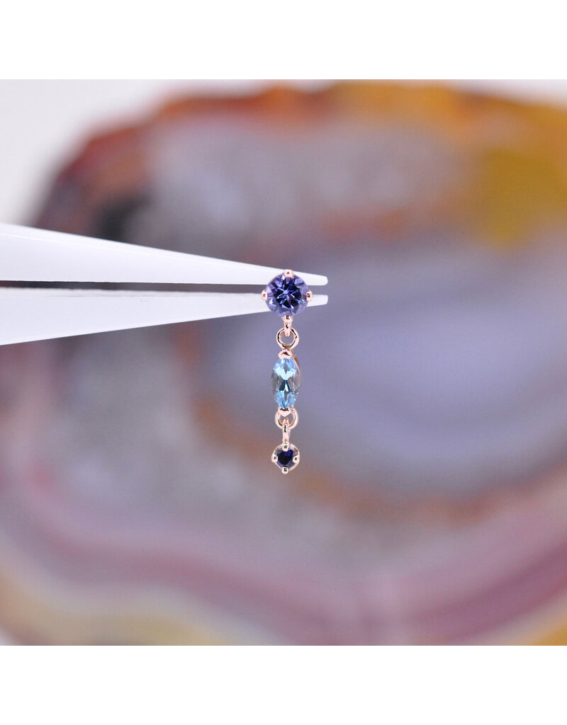 BVLA Wintermoon 3 16g Threaded End 14k Rose Gold Tanzanite(3mm), Swiss Topaz(4x2mm), and Iolite(1.5mm)
