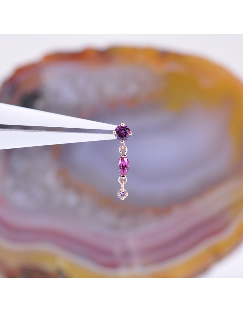 BVLA Wintermoon 3 16g Threaded End 14k Rose Gold Rhodolite (3mm), Hot Pink Sapphire(4x2mm), and Pink Sapphire(1.5mm)