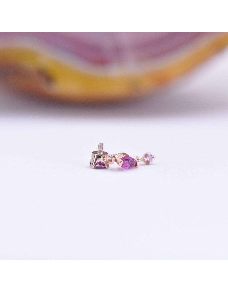 BVLA Wintermoon 3 16g Threaded End 14k Rose Gold Rhodolite (3mm), Hot Pink Sapphire(4x2mm), and Pink Sapphire(1.5mm)