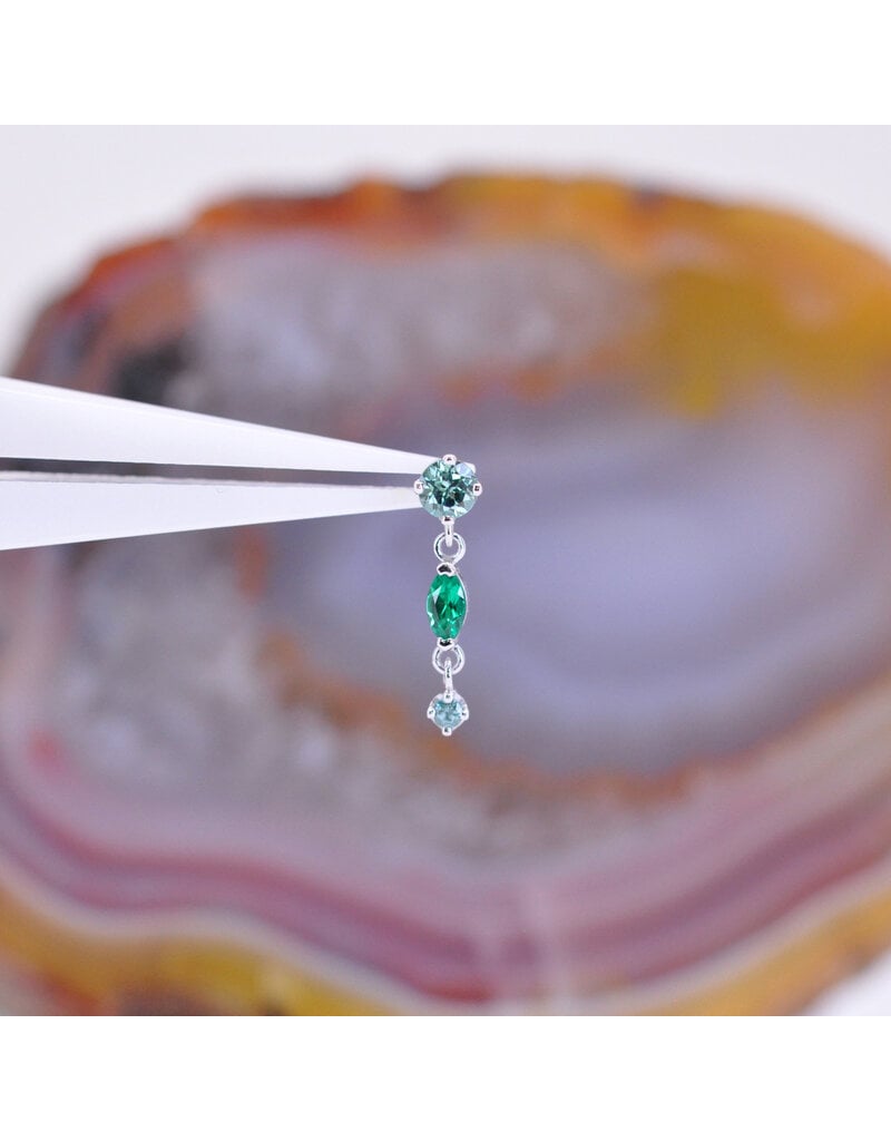 BVLA Wintermoon 3 16g Threaded End 14k White Gold Chrysoberyl(3mm), Emerald(4x2mm), and Paraiba Spinel(1.5mm)