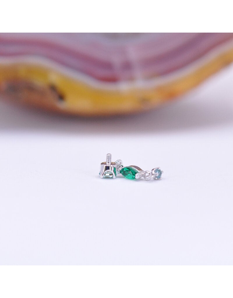 BVLA Wintermoon 3 16g Threaded End 14k White Gold Chrysoberyl(3mm), Emerald(4x2mm), and Paraiba Spinel(1.5mm)
